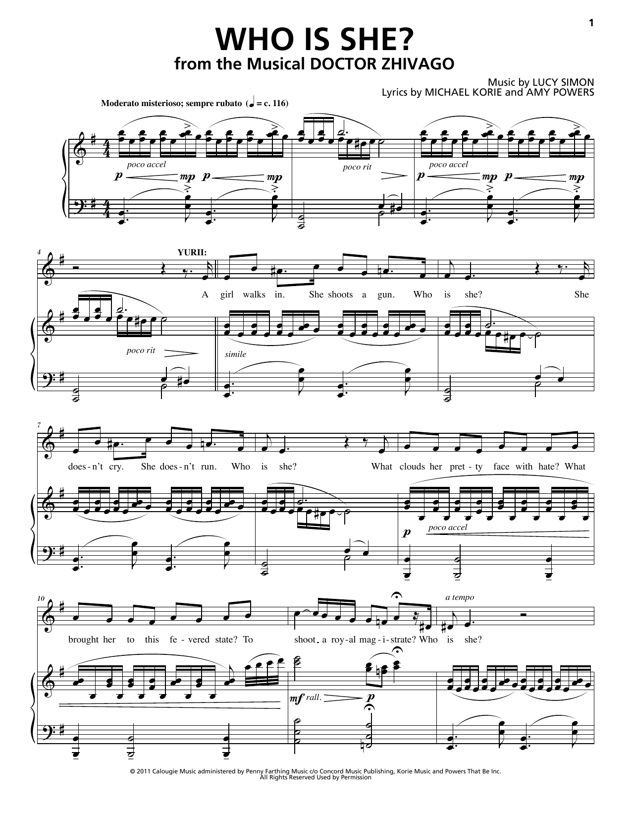 Lucy Simon Levine, Michael Korie & Amy Powers Who Is She? sheet music, chords, lyrics - Printable PDF for Piano & Vocal