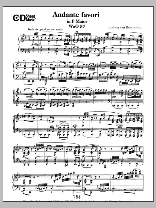 Ludwig van Beethoven Andante Favori in F Major, WoO 57 sheet music, chords, lyrics - Printable PDF for Piano Solo