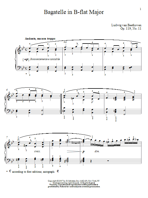 Ludwig van Beethoven Bagatelle In B-flat Major, Op. 119, No. 11 sheet music, chords, lyrics - Printable PDF for Piano