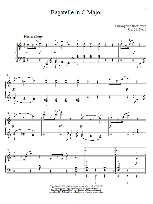 Ludwig van Beethoven Bagatelle In C Major, Op. 33, No. 2 sheet music, chords, lyrics - Printable PDF for Piano