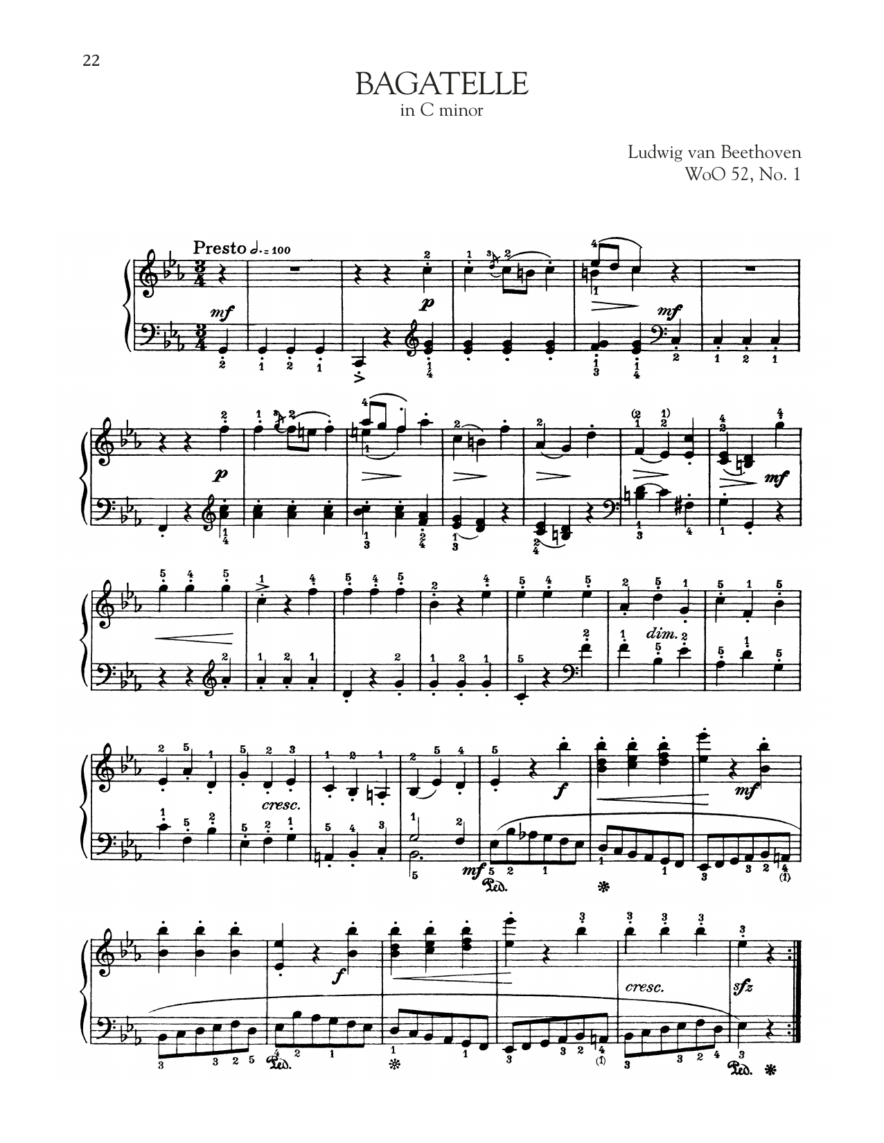 Ludwig van Beethoven Bagatelle In C Minor, WoO 52 sheet music, chords, lyrics - Printable PDF for Piano Solo