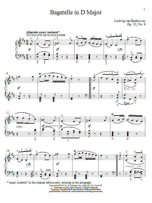 Ludwig van Beethoven Bagatelle In D Major, Op. 33, No. 6 sheet music, chords, lyrics - Printable PDF for Piano
