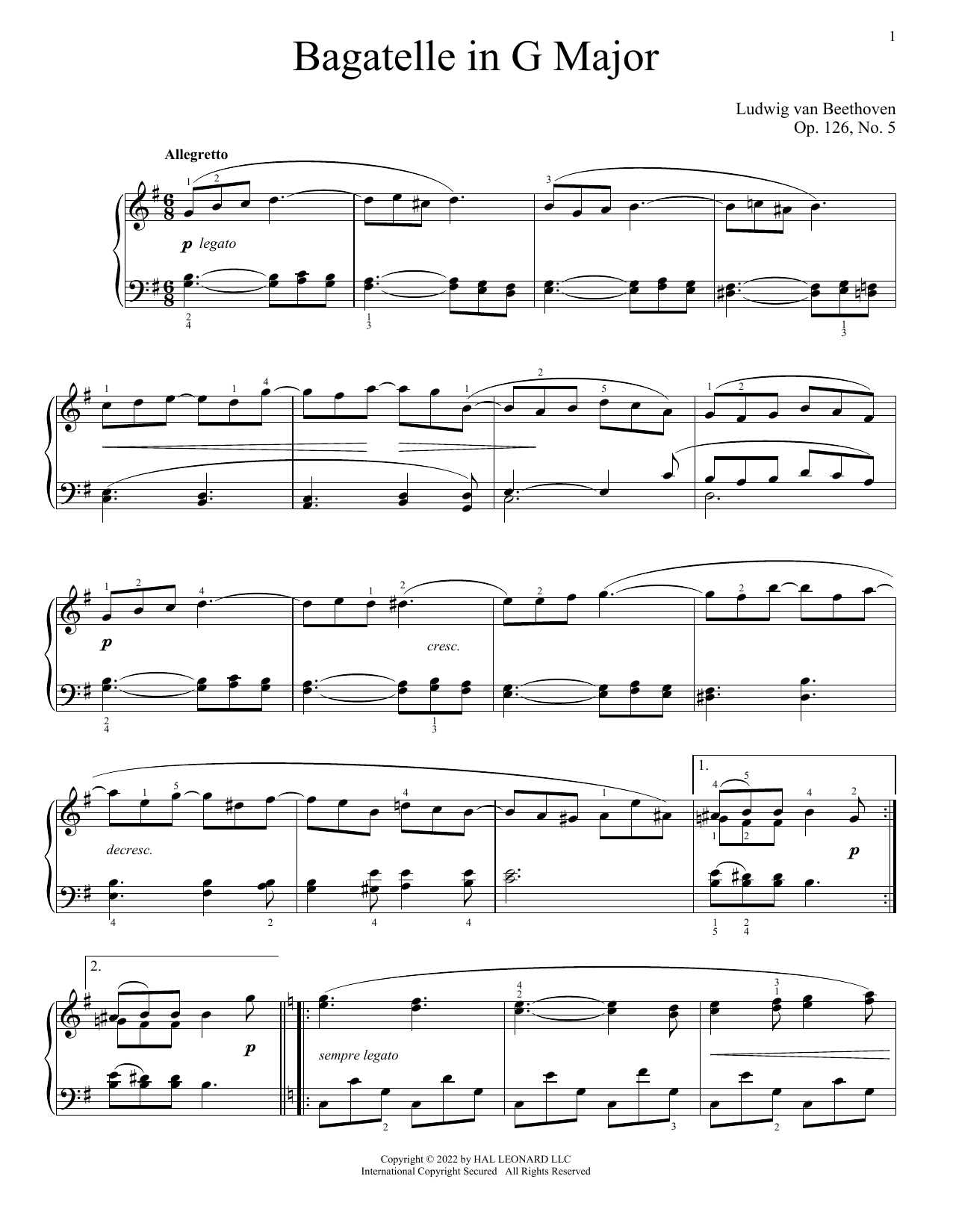 Ludwig van Beethoven Bagatelle in G, Op. 126, No. 5 sheet music, chords, lyrics - Printable PDF for Piano