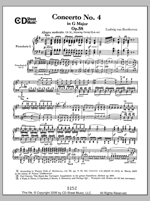 Ludwig van Beethoven Concerto No. 4 In G Major, Op. 58 sheet music, chords, lyrics - Printable PDF for Piano Solo