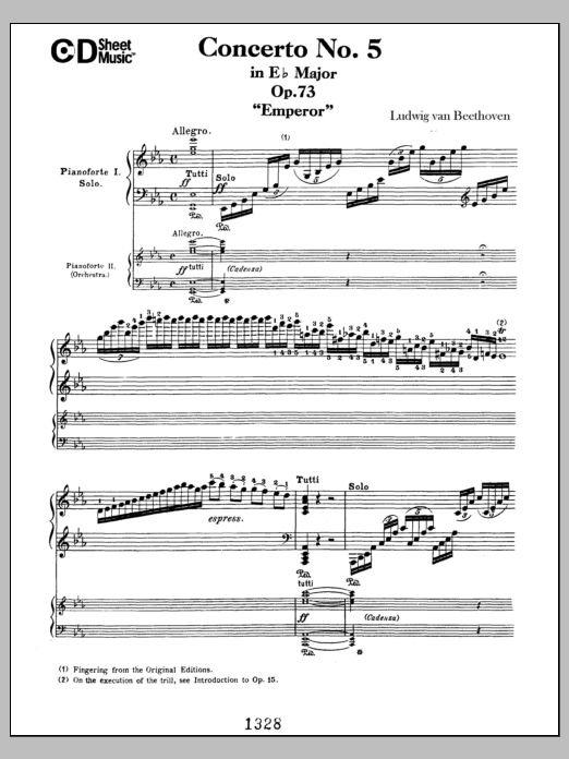 Ludwig van Beethoven Concerto No. 5 In E-flat Major (emperor), Op. 73 sheet music, chords, lyrics - Printable PDF for Piano Solo