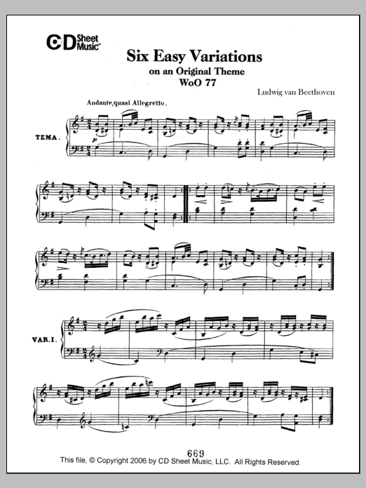 Ludwig van Beethoven Easy (6) Variations On An Original Theme, Woo 77 sheet music, chords, lyrics - Printable PDF for Piano Solo