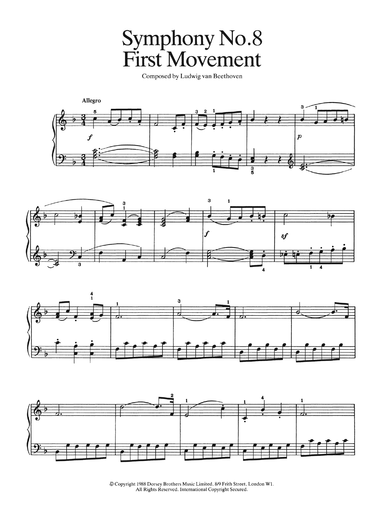 Ludwig van Beethoven First Movement (from Symphony No. 8 In F Major, Op. 93) sheet music, chords, lyrics - Printable PDF for Easy Piano