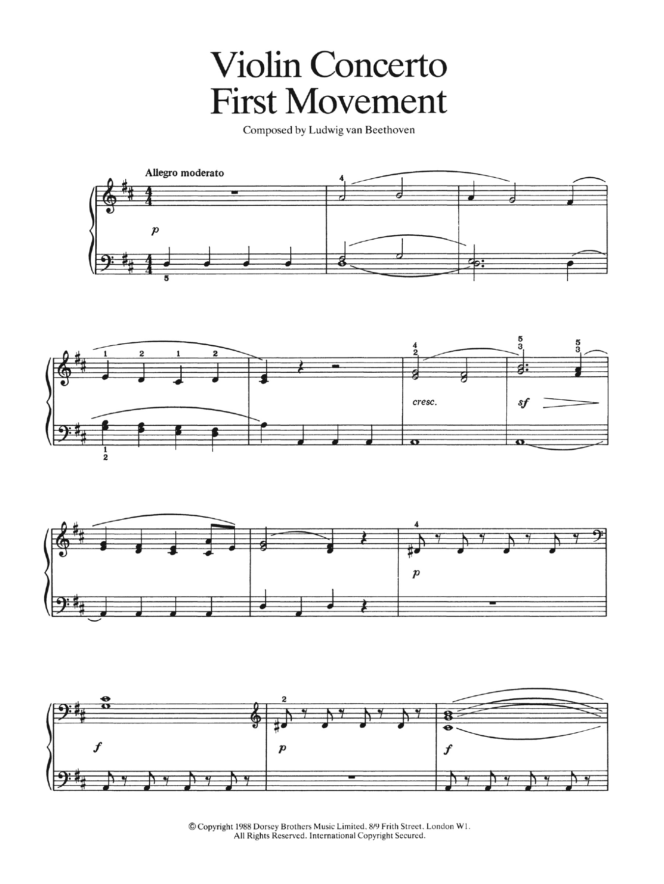 Ludwig van Beethoven First Movement (from Violin Concerto In D Major, Op. 61) sheet music, chords, lyrics - Printable PDF for Easy Piano