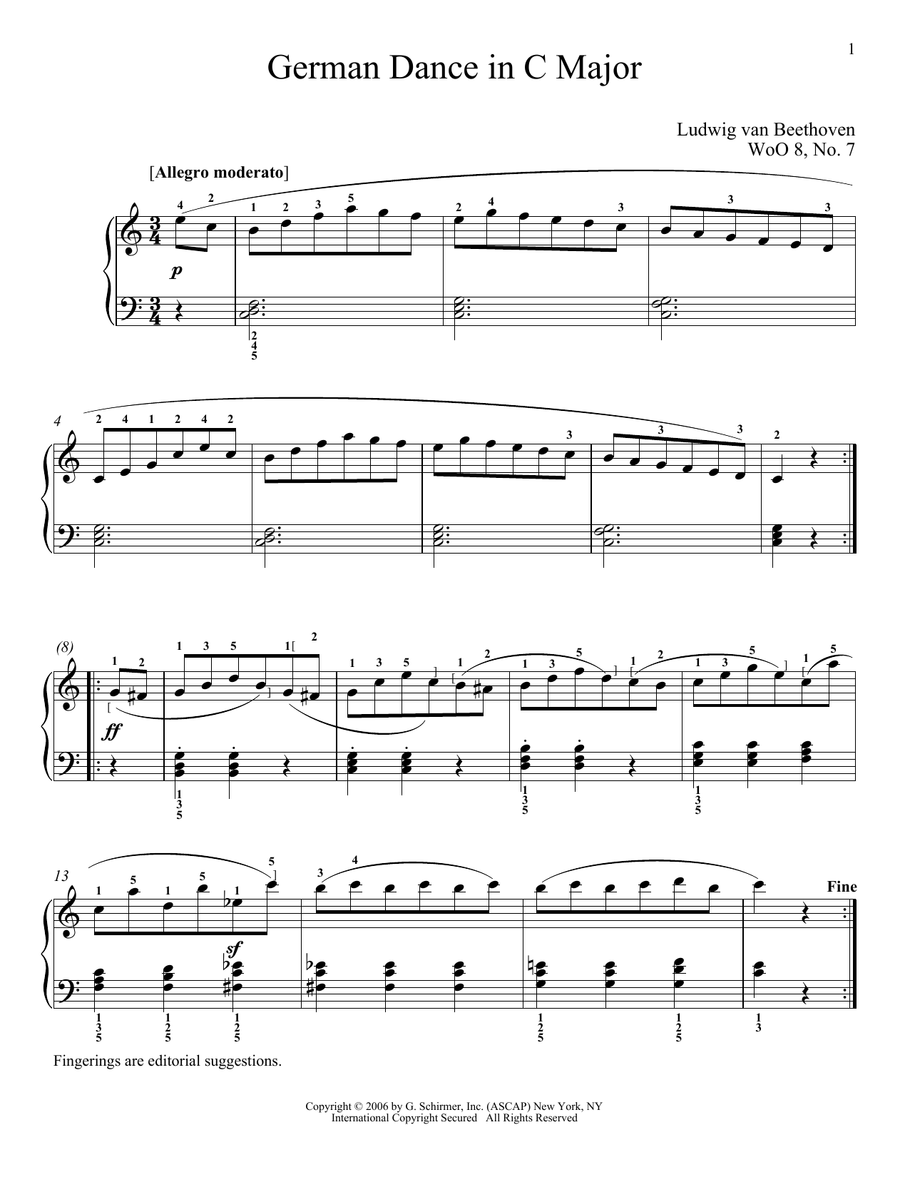 Ludwig van Beethoven German Dance In C Major, WoO 8, No. 7 sheet music, chords, lyrics - Printable PDF for Piano Solo