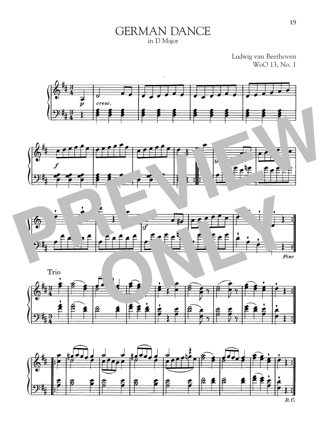 Ludwig van Beethoven German Dance In D Major, WoO 13, No. 1 sheet music, chords, lyrics - Printable PDF for Piano Solo