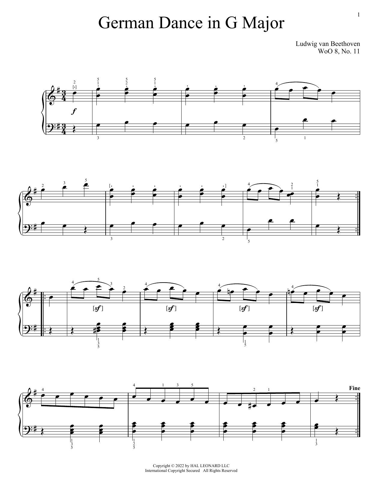 Ludwig van Beethoven German Dance In G Major, WoO 8, No. 11 sheet music, chords, lyrics - Printable PDF for Piano Solo