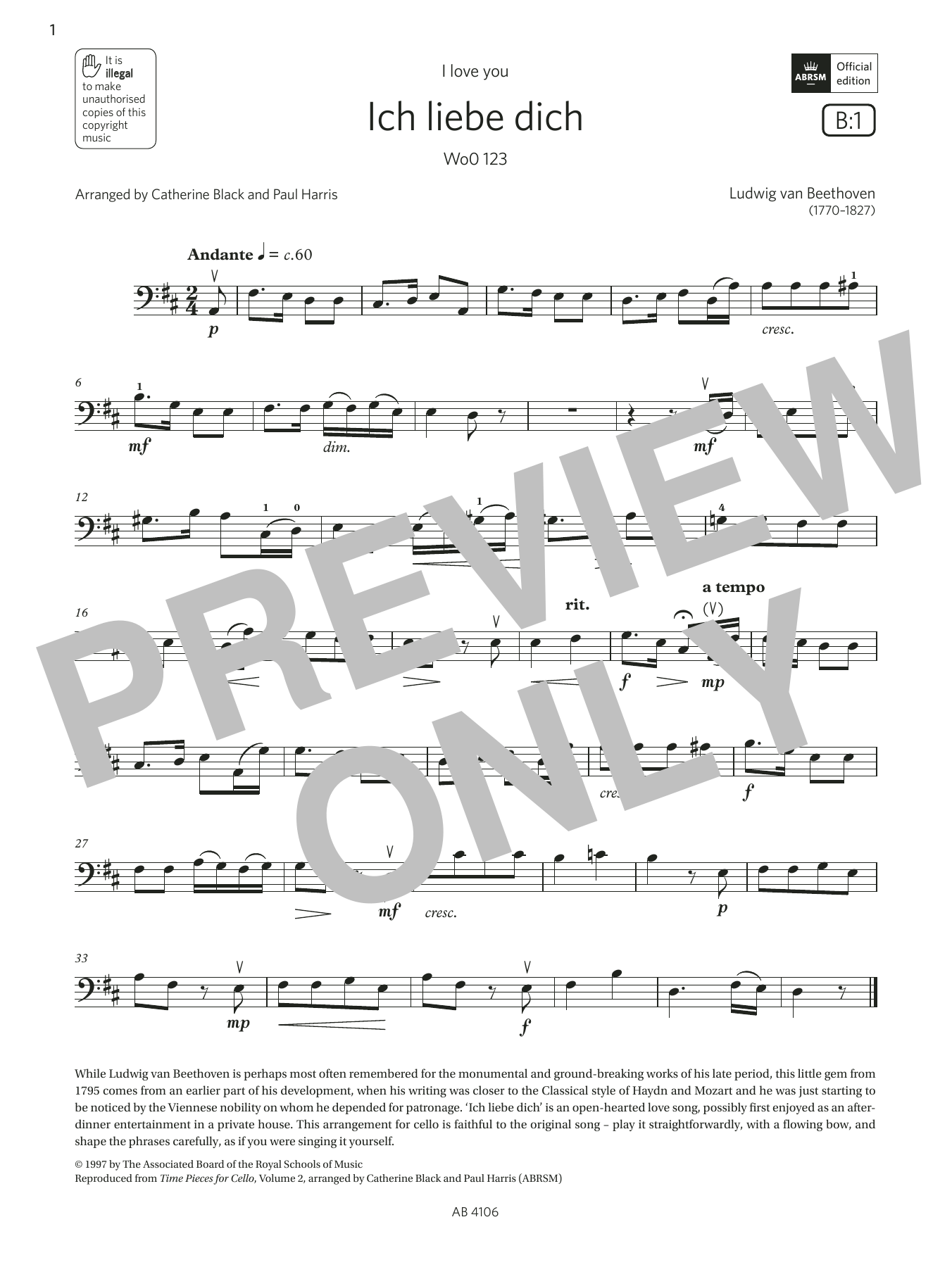 Ludwig van Beethoven Ich liebe dich (Grade 3, B1, from the ABRSM Cello Syllabus from 2024) sheet music, chords, lyrics - Printable PDF for Cello Solo