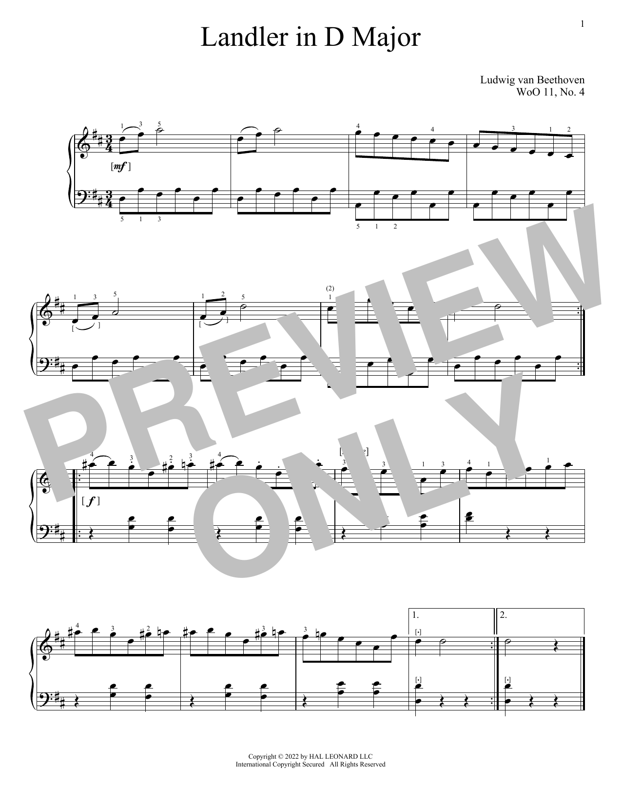 Ludwig van Beethoven Landler In D Minor, WoO 11, No. 4 sheet music, chords, lyrics - Printable PDF for Piano Solo