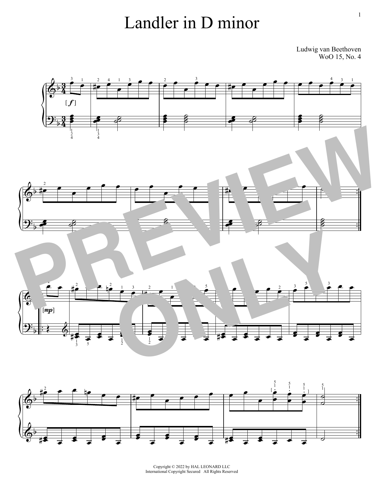 Ludwig van Beethoven Landler In D Minor, WoO 15, No. 4 sheet music, chords, lyrics - Printable PDF for Piano Solo