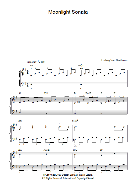 Ludwig van Beethoven Moonlight Sonata (Mondscheinsonate), First Movement, Op.27, No.2 sheet music, chords, lyrics - Printable PDF for Easy Piano