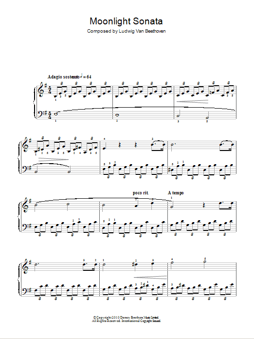 Ludwig van Beethoven Moonlight Sonata (Mondscheinsonate), First Movement, Op.27, No.2 sheet music, chords, lyrics - Printable PDF for Beginner Piano