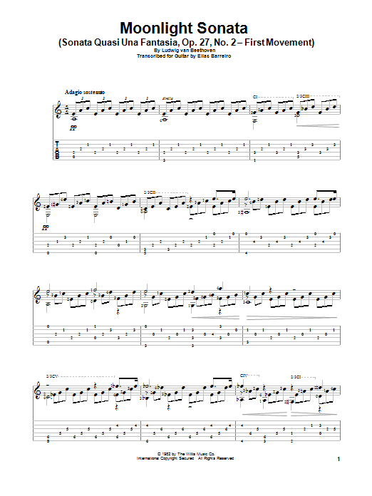 Elias Barreiro Moonlight Sonata (Sonata Quasi Una Fantasia, Op. 27, No. 2 - First Movement) sheet music, chords, lyrics - Printable PDF for Guitar Tab