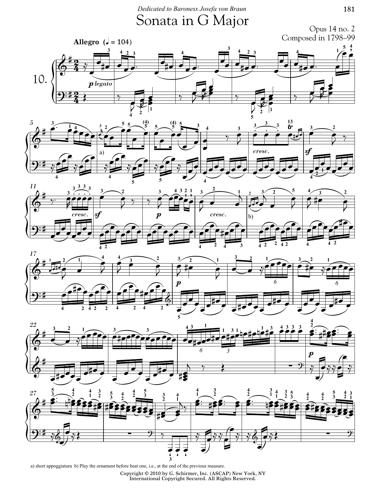 Ludwig van Beethoven Piano Sonata No. 10 In G Major, Op. 14, No. 2 sheet music, chords, lyrics - Printable PDF for Piano