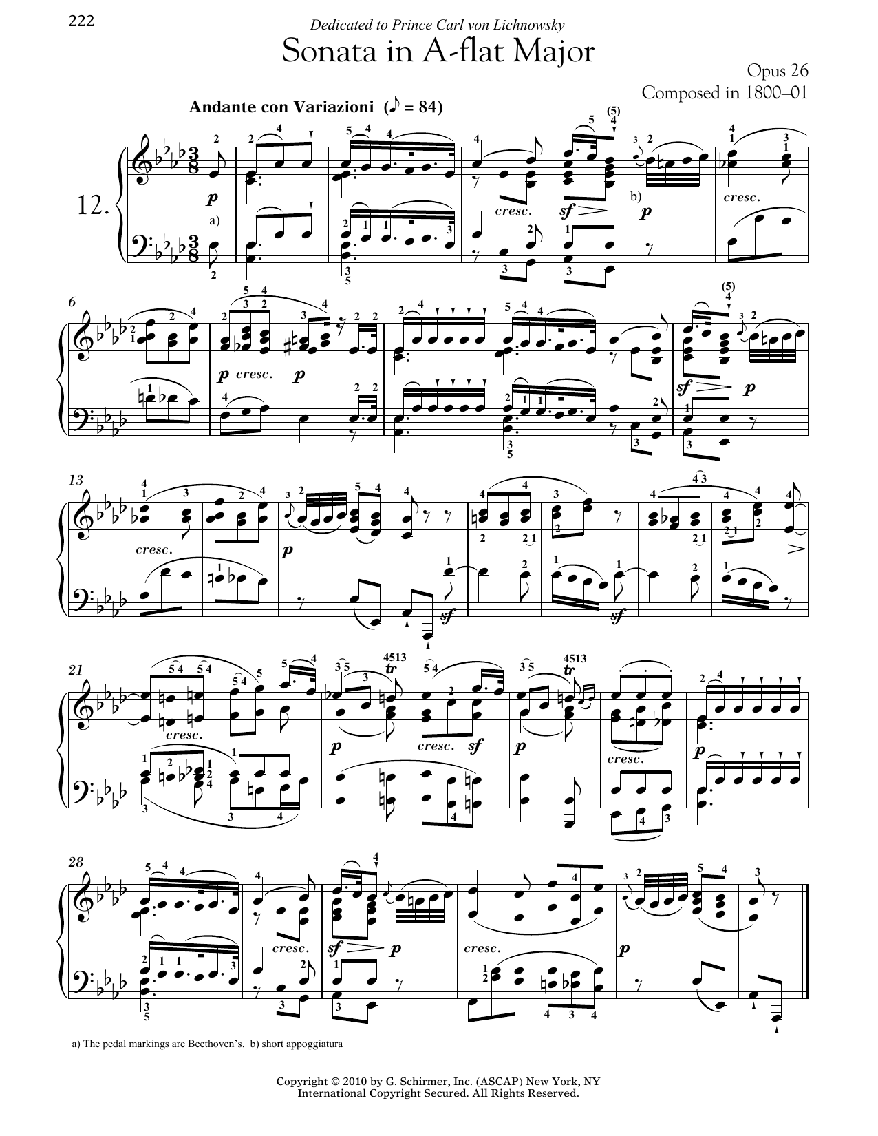 Ludwig van Beethoven Piano Sonata No. 12 In A-flat Major, Op. 26 sheet music, chords, lyrics - Printable PDF for Piano