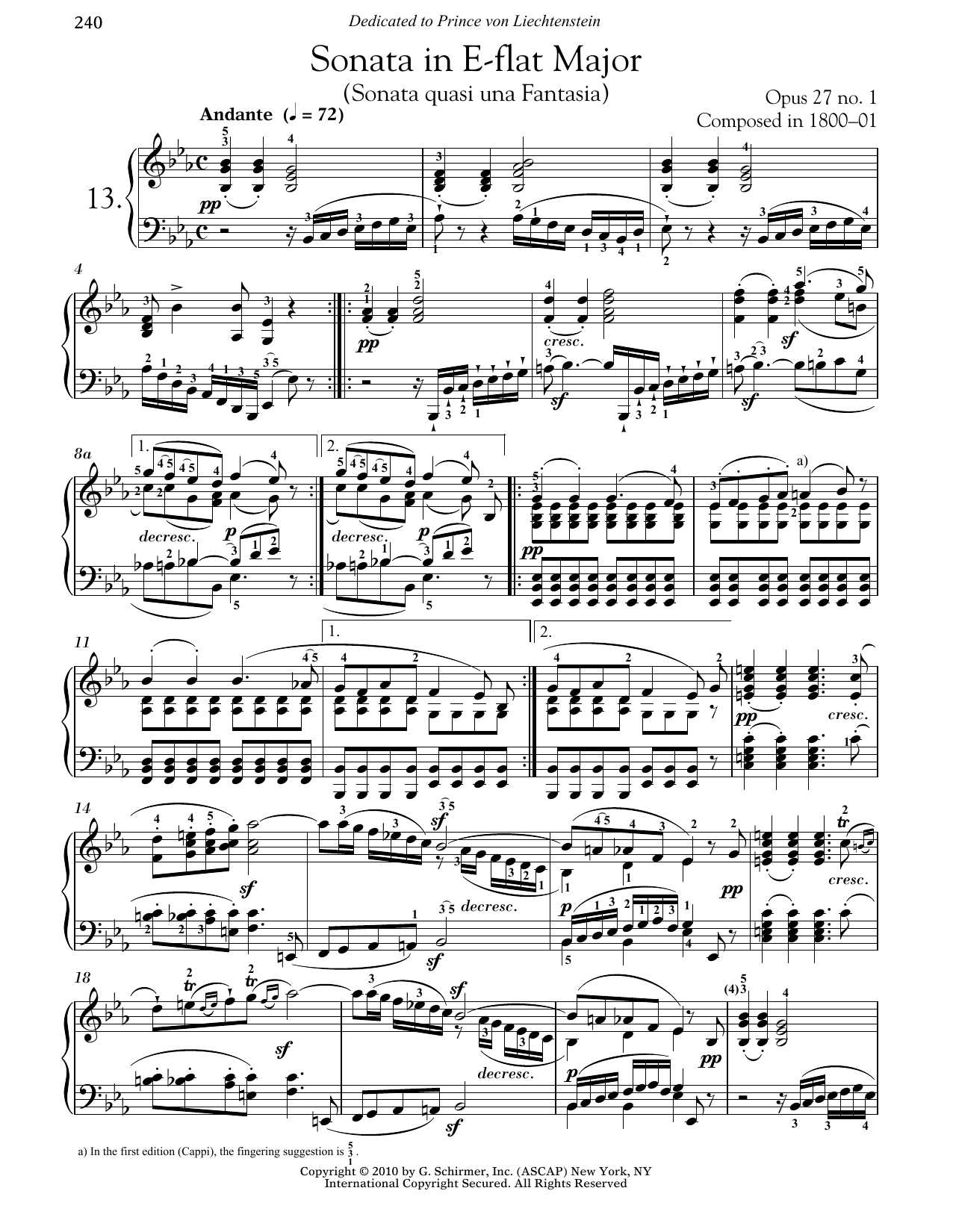 Ludwig van Beethoven Piano Sonata No. 13 In E-flat Major, Op. 27, No. 1 sheet music, chords, lyrics - Printable PDF for Piano