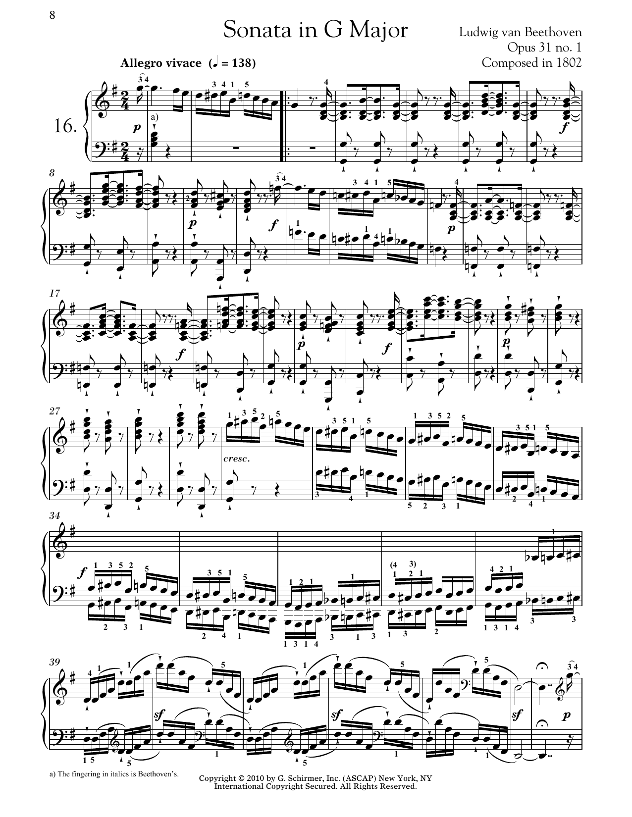 Ludwig van Beethoven Piano Sonata No. 16 In G Major, Op. 31, No. 1 sheet music, chords, lyrics - Printable PDF for Piano