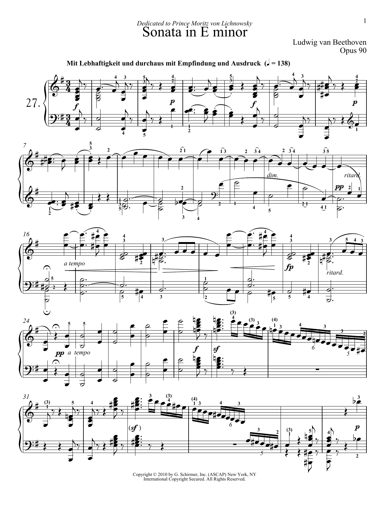 Ludwig van Beethoven Piano Sonata No. 27 In E Minor, Op. 90 sheet music, chords, lyrics - Printable PDF for Piano