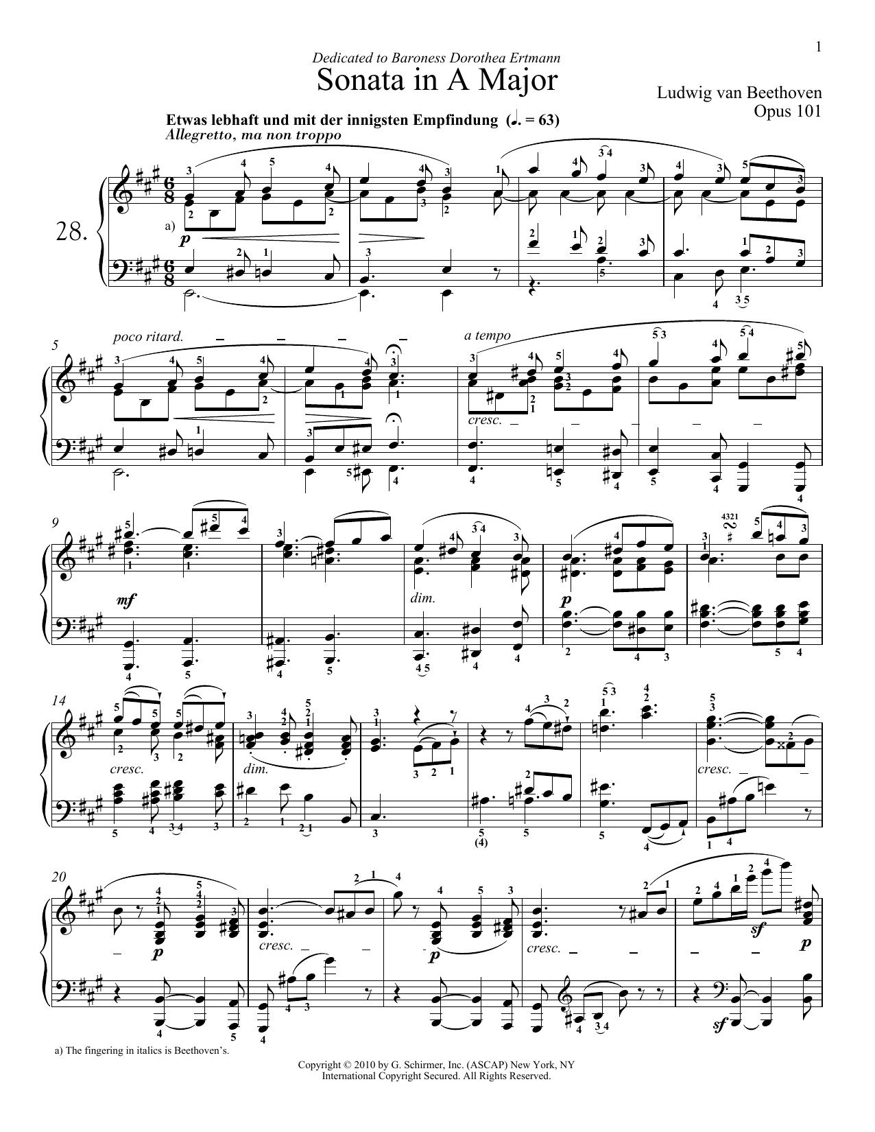 Ludwig van Beethoven Piano Sonata No. 28 In A Major, Op. 101 sheet music, chords, lyrics - Printable PDF for Piano