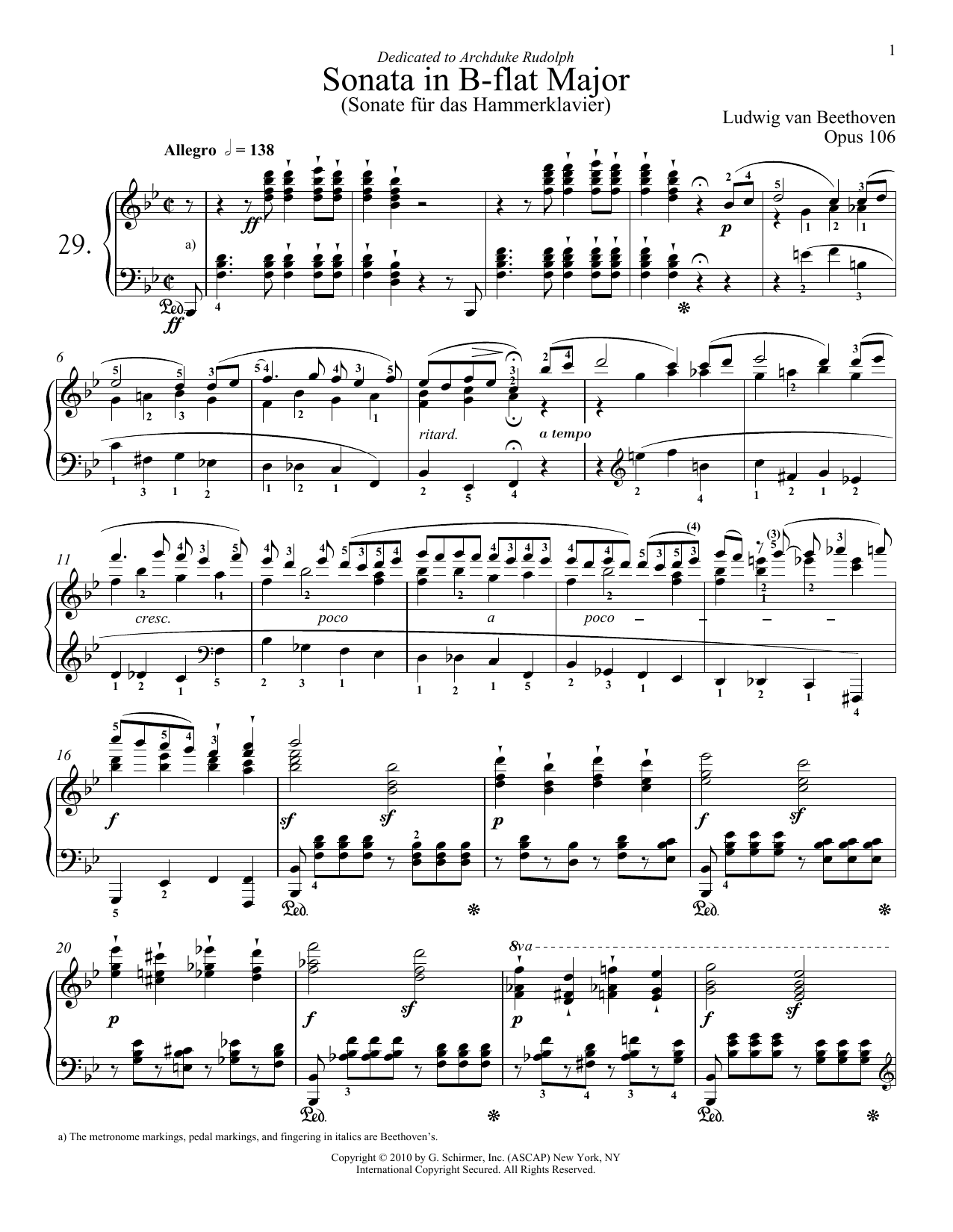 Ludwig van Beethoven Piano Sonata No. 29 In B-Flat Major, Op. 106 sheet music, chords, lyrics - Printable PDF for Piano