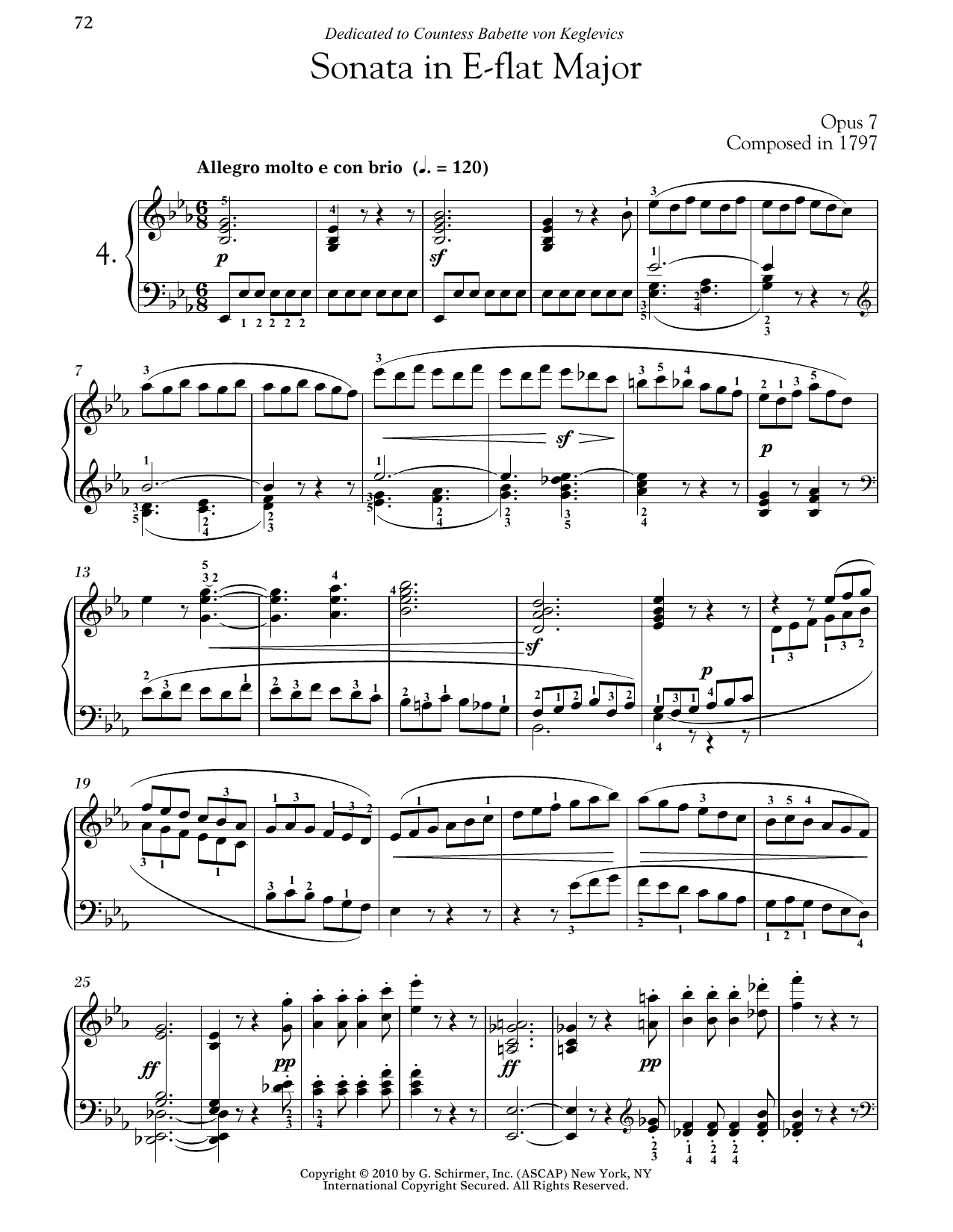 Ludwig van Beethoven Piano Sonata No. 4 In E-flat Major, Op. 7 sheet music, chords, lyrics - Printable PDF for Piano