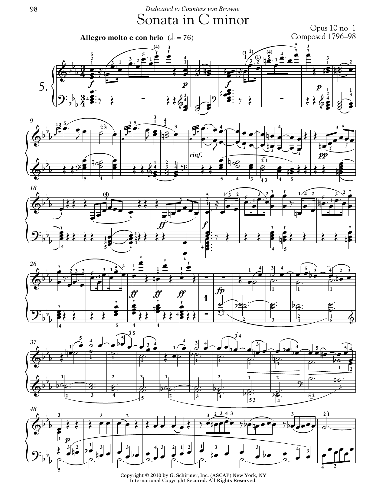 Ludwig van Beethoven Piano Sonata No. 5 In C Minor, Op. 10, No. 1 sheet music, chords, lyrics - Printable PDF for Piano