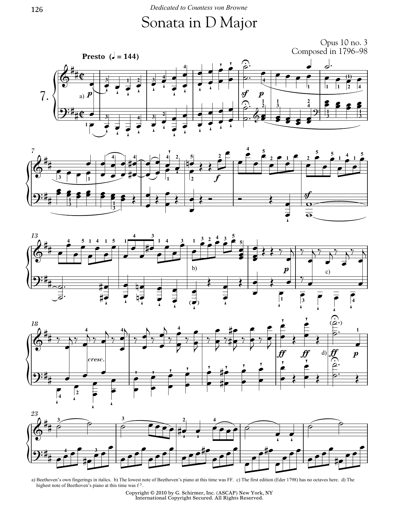 Ludwig van Beethoven Piano Sonata No. 7 In D Major, Op. 10, No. 3 sheet music, chords, lyrics - Printable PDF for Piano