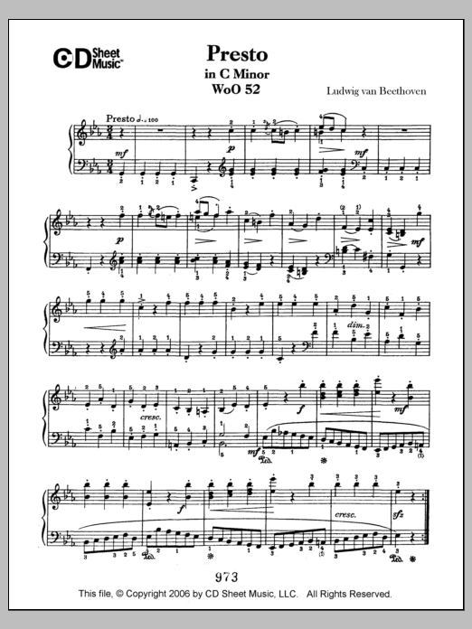 Ludwig van Beethoven Presto In C Minor, Woo 52 sheet music, chords, lyrics - Printable PDF for Piano Solo