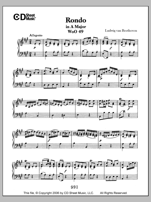 Ludwig van Beethoven Rondo In A Major, Woo 49 sheet music, chords, lyrics - Printable PDF for Piano Solo