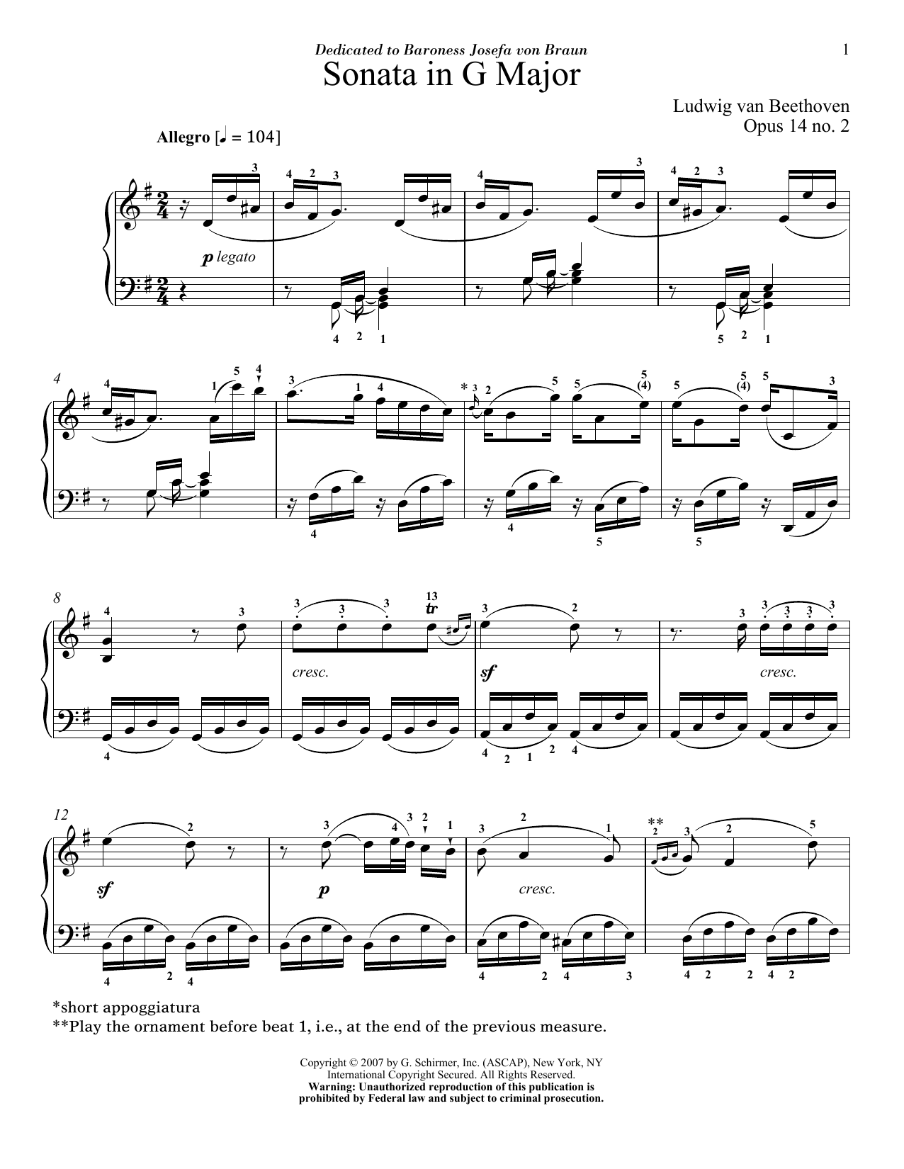 Ludwig van Beethoven Sonata In G Major, Op. 14, No. 2 sheet music, chords, lyrics - Printable PDF for Piano
