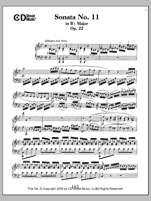 Ludwig van Beethoven Sonata No. 11 In B-flat Major, Op. 22 sheet music, chords, lyrics - Printable PDF for Piano Solo