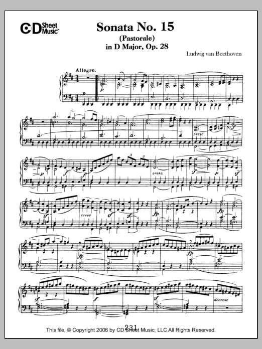 Ludwig van Beethoven Sonata No. 15 In D Major (pastorale), Op. 28 sheet music, chords, lyrics - Printable PDF for Piano Solo
