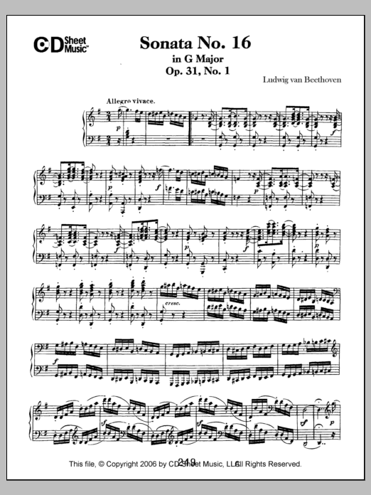Ludwig van Beethoven Sonata No. 16 In G Major, Op. 31, No. 1 sheet music, chords, lyrics - Printable PDF for Piano Solo