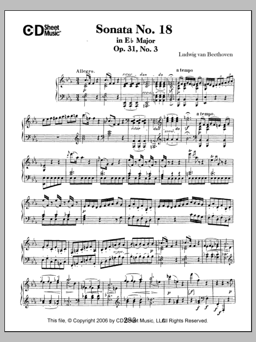 Ludwig van Beethoven Sonata No. 18 In E-flat Major, Op. 31, No. 3 sheet music, chords, lyrics - Printable PDF for Piano Solo
