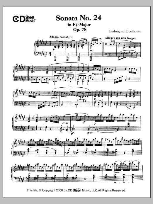 Ludwig van Beethoven Sonata No. 24 In F-sharp Major, Op. 78 sheet music, chords, lyrics - Printable PDF for Piano Solo