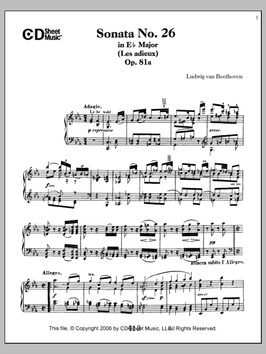 Ludwig van Beethoven Sonata No. 26 In E-flat Major (les Adieux), Op. 81a sheet music, chords, lyrics - Printable PDF for Piano Solo
