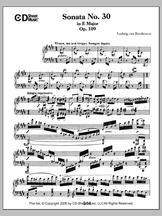 Ludwig van Beethoven Sonata No. 30 In E Major, Op. 109 sheet music, chords, lyrics - Printable PDF for Piano Solo