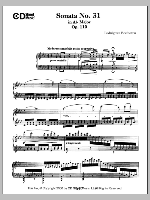 Ludwig van Beethoven Sonata No. 31 In A-flat Major, Op. 110 sheet music, chords, lyrics - Printable PDF for Piano Solo