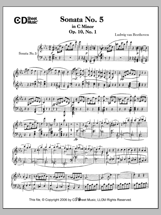 Ludwig van Beethoven Sonata No. 5 In C Minor, Op. 10, No. 1 sheet music, chords, lyrics - Printable PDF for Piano Solo