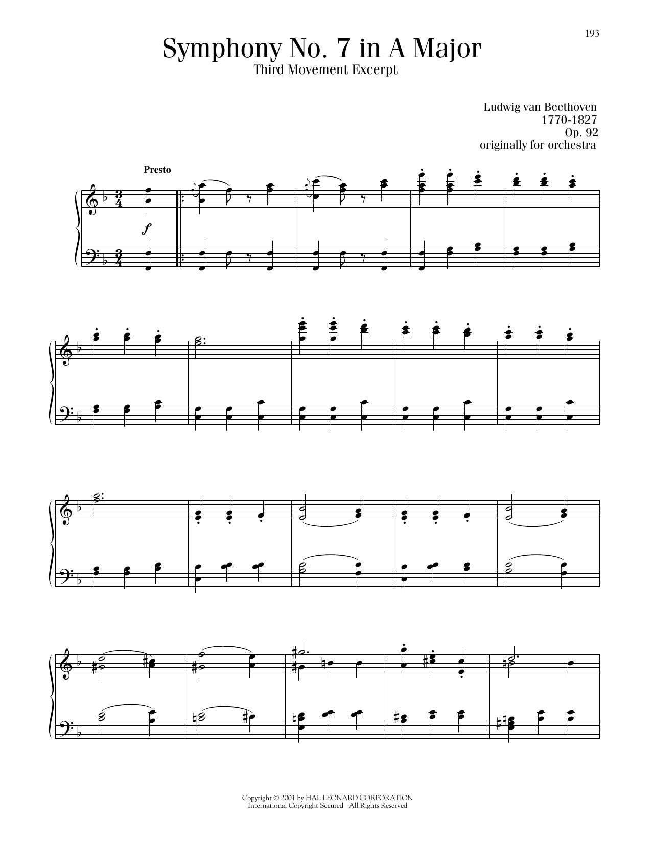 Ludwig van Beethoven Symphony No. 7 In A Major, Third Movement sheet music, chords, lyrics - Printable PDF for Piano Solo