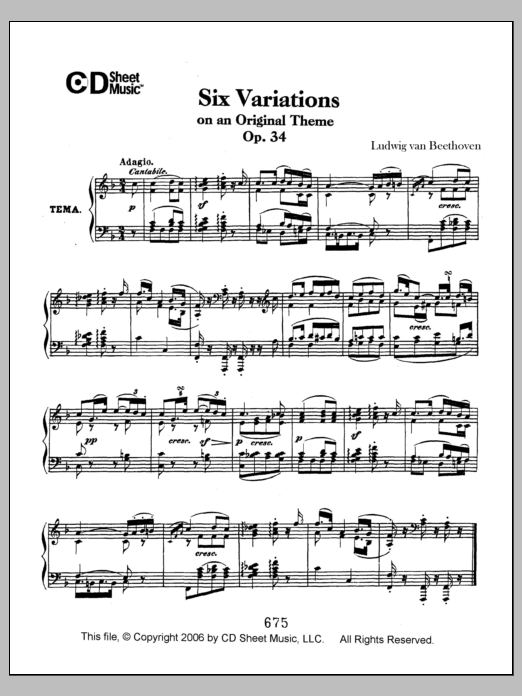 Ludwig van Beethoven Variations (6) On An Original Theme, Op. 34 sheet music, chords, lyrics - Printable PDF for Piano Solo