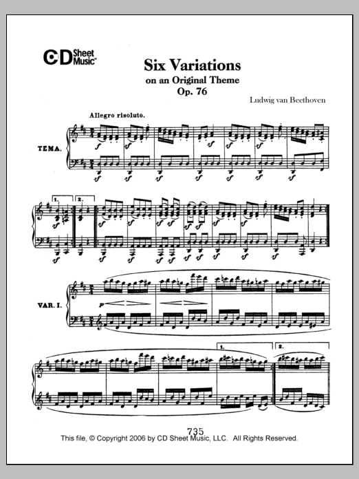 Ludwig van Beethoven Variations (6) On An Original Theme, Op. 76 sheet music, chords, lyrics - Printable PDF for Piano Solo