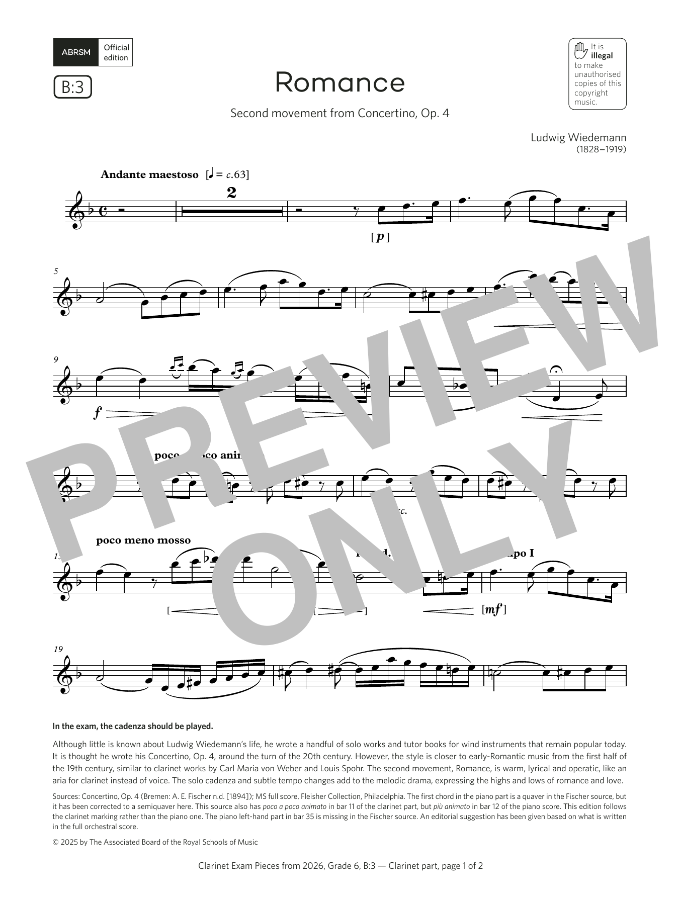 Ludwig Wiedemann Romance (Grade 6, list B3, from the ABRSM Clarinet Syllabus from 2026) sheet music, chords, lyrics - Printable PDF for Clarinet Solo