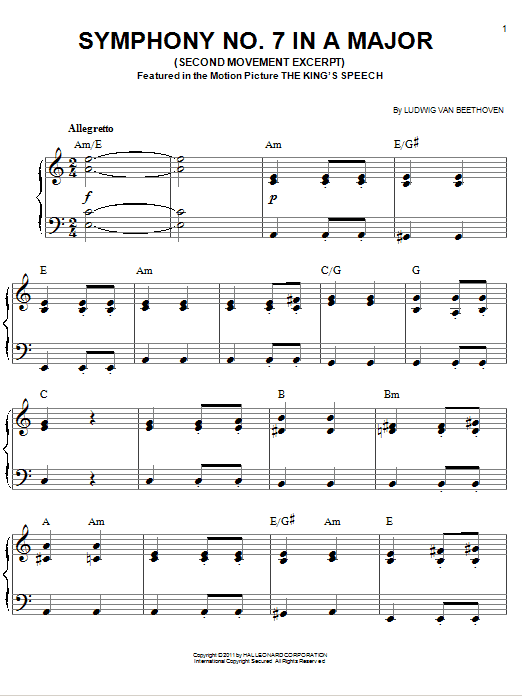 Learn to play Ludwig van Beethoven Symphony No. 7 In A Major, Second Movement (Allegretto) sheet music for Easy Piano in minutes. Ludwig van Beethoven Symphony No. 7 In A Major, Second Movement (Allegretto) sheet music preview music notes and score for Easy Piano including 5 page(s)