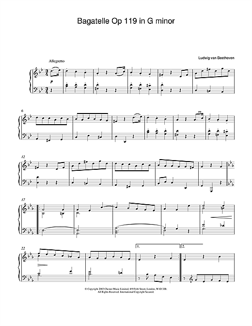 Learn to play Ludwig van Beethoven Bagatelle In G Minor, Op. 119, No. 1 sheet music for Piano in minutes. Ludwig van Beethoven Bagatelle In G Minor, Op. 119, No. 1 sheet music notes and chords