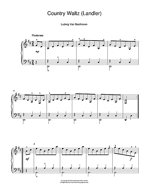 Ludwig van Beethoven Country Waltz (Ländler) sheet music, chords, lyrics - Printable PDF for Beginner Piano